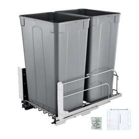   VEVOR kihúzható szemetes, 50 QT x2 dupla, aláépíthető konyhai hulladéktároló, nagy teherbírású hulladékgyűjtő ajtókészlettel és lágyan záródó tolóajtóval, konyhaszekrénybe, mosogatóba, pult alá (szürke)