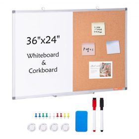   VEVOR 91x60 cm-es fehér és parafa tábla alumínium kerettel – 2 az 1-ben mágneses, szárazon törölhető hirdetőtábla falra akasztható – Ideális iskolába, otthonra, irodába