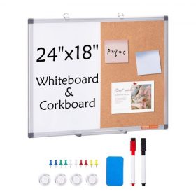   VEVOR 24"x18"-os fehér és parafa tábla kombináció alumínium kerettel – 2 az 1-ben mágneses, szárazon törölhető hirdetőtábla falra akasztható – Ideális iskolába, otthonra, irodába