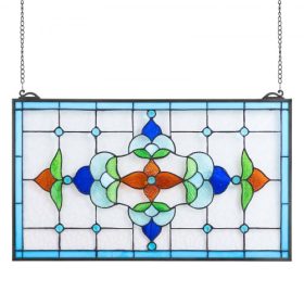   VEVOR ólomüveg ablakpanel, 664 x 402 mm, Tiffany stílusú függő ablakpanel lánccal, nagy vízszintes téglalap alakú ólomüveg, vintage hagyományos művészeti kézműves termékek konyhai lakberendezéshez