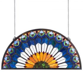   VEVOR ólomüveg ablakpanel, 913 x 465 mm, Tiffany stílusú függő ablakpanel lánccal, nagy félkör alakú ólomüveg függesztés, vintage hagyományos művészeti kézműves termékek konyhai lakberendezéshez