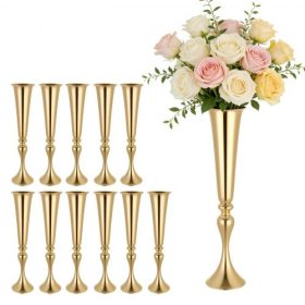   VEVOR 12 db-os esküvői virágváza, 55 cm magas trombita virágasztal asztaldíszek, bankett vázák, egyszerű telepítés, galvanizált, sokoldalú elrendezésű állvány parti rendezvényekre, lakberendezésre, fogadásra, arany