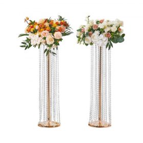   VEVOR 2 db 35,43 hüvelykes / 90 cm magas kristályos esküvői virágállvány, luxus asztaldíszek, virágvázák, kristályos arany váza, fém, tökéletes T-színpados esküvői partikra, vacsorára, szállodai lakberendezésre