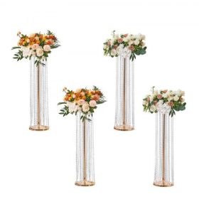   VEVOR 4 db 35,43 hüvelykes / 90 cm magas kristályos esküvői virágállvány, luxus asztaldíszek, virágvázák, kristályos arany váza, fém, tökéletes T-színpados esküvői partikra, vacsorára, szállodai lakberendezésre