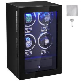   VEVOR óratekercselő, 4 férfi és női automata órához, 4 szuper csendes japán Mabuchi motorral, kék LED lámpával és adapterrel, nagy sűrűségű kartondobozzal és fekete PU-val