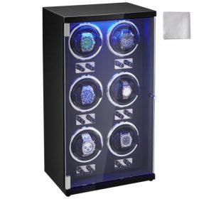   VEVOR óratekercselő, 6 db-os automata férfi és női órához, 6 db szuper csendes japán Mabuchi motorral, kék LED lámpával és adapterrel, nagy sűrűségű kartondobozzal és fekete PU-val