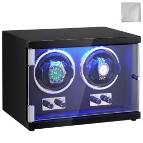   VEVOR óratekercselő, kettős óratekercselő férfi és női automata órákhoz, 2 szuper csendes japán Mabuchi motorral, kék LED lámpával és adapterrel, nagy sűrűségű kartondobozzal és fekete PU-val