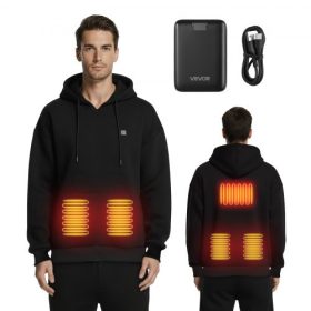   VEVOR fűthető pulóver, kapucnis férfi/női, fűthető uniszex dzseki 7.4V 16000mAh újratölthető akkumulátorral, 5 fűtési zónával, 3 hőmérsékleti szinttel, 4-8 órás melegséggel, téli kültéri kempingezéshez, fekete