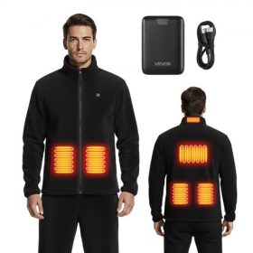   VEVOR fűthető polárkabát férfiaknak, fűthető pulóver 7.4V 16000mAh újratölthető akkumulátorral, 6 fűtési zónával, 3 hőmérsékleti szinttel, 3 óra/6 óra/10 óra melegséggel, téli kültéri kempingezéshez, fekete