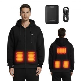   VEVOR fűthető kabát kapucnis pulóver férfiaknak és nőknek, fűthető pulóver unisex teljes cipzárral, 7.4V 16000mAh külső akkumulátorral, 5 fűtési zónával, 3 hőmérsékleti szinttel, 4-8 órás melegséggel, téli kültéri kempingezéshez,