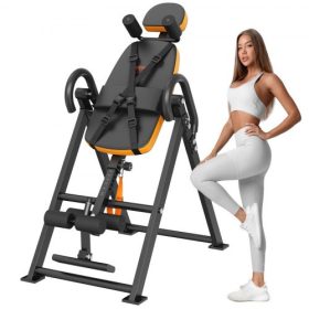   VEVOR inverziós asztal, 136 kg-os teherbírású, nagy teherbírású inverziós asztal, dekompressziós hátnyújtó, erőnléti edzőeszköz fejtámlával, bokarögzítéssel, állítható védőövvel, narancssárga/fekete