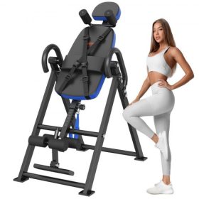   VEVOR inverziós asztal, 136 kg-os teherbírású, nagy teherbírású inverziós asztal, dekompressziós hátnyújtó, erőnléti edzőeszköz fejtámlával, bokarögzítéssel, állítható védőövvel, kék/fekete