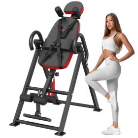   VEVOR inverziós asztal, 136 kg-os teherbírású, nagy teherbírású inverziós asztal, dekompressziós hátnyújtó, erőnléti edzőeszköz fejtámlával, bokarögzítéssel, állítható védőövvel, piros/fekete