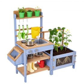   VEVOR Sárkonyha, Kültéri Sárkonyha Gyerekeknek, Fa Kültéri Játszókonyhák Ültetőládával, Állatfogó Tartály, Tartály, Mosogató, Edények, Edények és Kiegészítők, Fa Játszókonyhák Gyepre, Udvarra