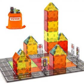   VEVOR mágneses csempék, 56 db-os mágneses útépítő blokkok gyerekeknek, mágneses építőkészlet tárolótáskával, STEM szenzoros oktatási városépítő egymásra rakható játékok ajándék kisgyermekeknek fiúknak és lányoknak 3 éves kortól