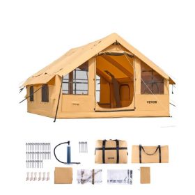   VEVOR felfújható sátrak kempingezéshez, 5-8 személyes, könnyen felállítható, felfújható sátor kézi pumpával, luxus glamping sátor 2 tetőablakkal, ponyvatetővel, tűzhelyemelővel, 2 ajtóval és hálós ablakokkal (tárolótáskával)