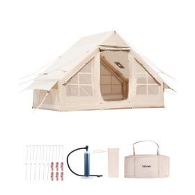   VEVOR felfújható kempingsátrak, 3-5 személyes, könnyen felállítható, felfújható sátor kézi pumpával, 300D Oxford 4 évszakos glamping sátor tűzhelyemelővel, 2 ajtóval és 2 hálós ablakkal, tárolótáskával a könnyű szállítás érdekében