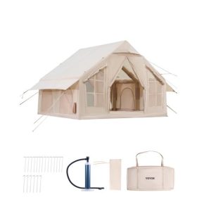   VEVOR felfújható kempingsátrak, 4-6 személyes, könnyen felállítható, felfújható sátor kézi pumpával, 300D Oxford 4 évszakos glamping sátor tűzhelyemelővel, 2 ajtóval és 4 hálós ablakkal, tárolótáskával a könnyű szállítás érdekében
