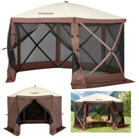   VEVOR Gazebo árnyékoló sátor, 12 x 12 láb, 6 oldalas felugró kempingponyva sátor hálós ablakokkal, hordozható hordtáska, talajcövekek, nagy árnyékoló sátrak kültéri kempingezéshez, gyepre és hátsó udvarba