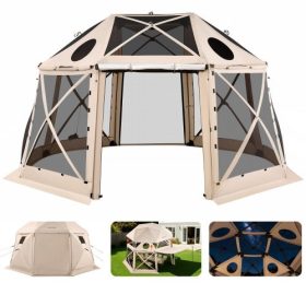   VEVOR felhajtható pavilon sátor, 4,57 x 4,57 m, 13 oldalas gömb alakú kempingponyva levehető tetővel és hordtáskával, gyorsan összeszerelhető és harapásbiztos, napvédő sátor 12-15 fő részére, bézs
