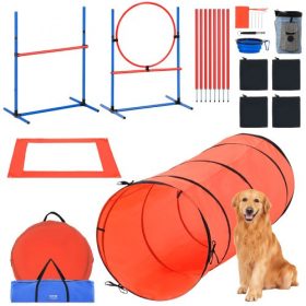   VEVOR kutya agility edzőfelszerelés, 5 darabos kombinált készlet állítható magas akadályokkal, 6 szövött rúddal, alagúttal, ugrógyűrűvel, szünetelő dobozzal, síppal, összecsukható tállal, kölyök akadálypálya készlet 2 táskával