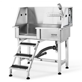   VEVOR 864MM-es kutyafürdető állomás rámpával, professzionális rozsdamentes acél kutyakozmetikai kád tárolófiókkal, csapteleppel, gazdag kiegészítőkkel, kutyafürdőkád nagy, közepes és kis háziállatoknak, mosdókagyló otthonra (balra