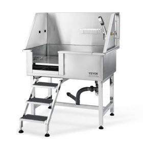   VEVOR 38"-os kutyafürdető állomás rámpával, professzionális rozsdamentes acél kutyakozmetikai kád tárolófiókkal, padlóráccsal, csapteleppel, kutyafürdető kád nagy, közepes és kis háziállatoknak, mosdókagyló otthonra (balra)