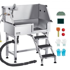   VEVOR 86,4 cm-es rozsdamentes acél kutyamosó állomás, háziállat-ápoló kád meleg és hideg csapteleppel, zuhanyfejjel, otthoni mosdókagylóval, kis macskáknak és kutyáknak alkalmas, csúszásmentes lépcső (jobb oldali ajtó)