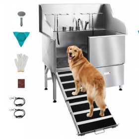   VEVOR 304 rozsdamentes acél kutyamosó állomás, 127 cm-es kisállatkozmetikai kád csúszásgátló, alacsony lejtésű rámpával, tárolófiókkal, meleg és hideg csapteleppel, többfunkciós kád kutyakozmetikai üzletbe, minden mérethez illik (