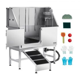   VEVOR rozsdamentes acél kutyamosó állomás, 127 cm-es kisállatkozmetikai kád rámpával, PE vízszűrő táblával, csapteleppel és zuhanyfejjel, valamint szappantartóval, kutyakád nagy, közepes és kis háziállatoknak (bal oldali ajtó)