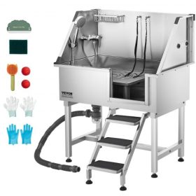   VEVOR 96,5 cm-es rozsdamentes acél kutyamosó állomás, háziállat-ápoló kád meleg és hideg csapteleppel, zuhanyfejjel, otthoni mosdókagylóval, kis és közepes méretű macskáknak és kutyáknak, csúszásmentes lépcső (jobb oldali ajtó)