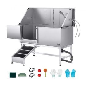   VEVOR rozsdamentes acél kutyamosó állomás, 157,48 cm-es kisállatkozmetikai kád rámpával, PE vízszűrő táblával, csapteleppel és zuhanyfejjel, valamint szappantartóval, kutyafürdető kád nagy, közepes és kis háziállatoknak (bal oldal