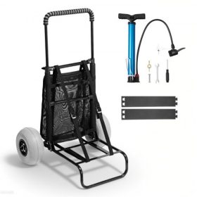   VEVOR strandkocsi nagy kerekekkel homokozáshoz, 20,1" x 14,6" raktérrel, 9"-es léggömb kerekekkel, 165 font teherbírású, összecsukható homokozókocsi és 27,2" - 44,9" állítható magasságú, nagy teherbírású strandkocsi