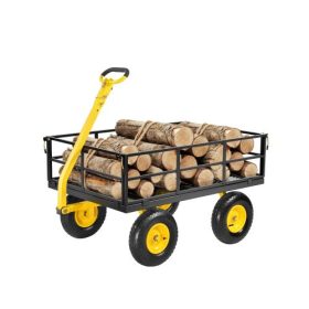   VEVOR 1200 fontos acél kerti kocsi, nagy teherbírású, húzható kerti kocsi udvari kocsi, 2 az 1-ben kültéri fém haszongépjármű udvari utánfutó 13 hüvelykes terepjáró gumiabroncsokkal, levehető hálós oldalakkal és 180°-ban forgó fog