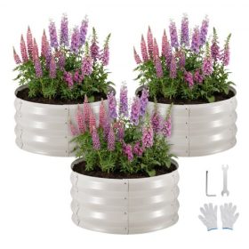   VEVOR 3 db horganyzott magasított kerti ágyás, 60 x 60 x 30 cm, kerek fém ültetőláda készlet kültéri használatra, feneketlen magasított kerti ládák kesztyűvel, alu-cink, virágok, zöldségek, fűszernövények ültetéséhez, bézs