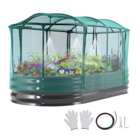   VEVOR horganyzott magaságyás, 1800 x 900 x 300 mm, öntözőrendszerrel és hálós takaróval, ovális fém ültetőláda kültéri használatra, rozsdamentes alu-cink, virágok, gyümölcsök, zöldségek ültetéséhez, sötétszürke