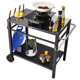   VEVOR kültéri grill étkezőkocsi dupla polccal, BBQ mozgatható ételkészítő asztal, multifunkcionális vas asztallap, hordozható moduláris kocsik pizza sütőhöz, munkaasztal 2 kerékkel, hordozófogantyú, fekete