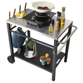   VEVOR kültéri grill étkezőkocsi dupla polccal, BBQ mozgatható ételkészítő asztal, multifunkcionális rozsdamentes acél asztallap, hordozható moduláris kocsik pizzakemencéhez, munkaasztal 2 kerékkel, hordozófogantyú