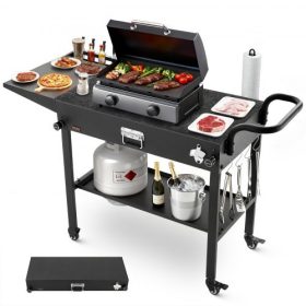   VEVOR kültéri grillkocsi, 787 x 432 mm asztali méretű grillezőasztal, összecsukható kültéri főzőasztal papírzsebkendőtartóval, akasztókkal, kerekekkel, oldalsó asztallal, BBQ előkészítő asztalok piknikhez, konyhába, udvarra