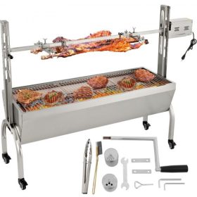   VEVOR forgónyárs, 132 font súlyú rozsdamentes acél BBQ sertés-bárány nyárs grillsütő, sütődoboz 40 W-os motorral és állítható magasságú és zárható görgőkkel kültéri kempingezéshez, tábortűzhöz, grillezéshez