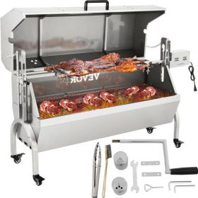   VEVOR báránynyárs grill, 132 font kapacitás, rozsdamentes acél báránynyárs grill, 40 W-os motorral és állítható magasságú, zárható görgőkkel és terelőlemezzel kültéri kempingezéshez, partikhoz, tábortűzhöz, grillezéshez