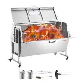   VEVOR 60W-os forgónyársas grill fedéllel, 56 hüvelykes sertés-bárány-kecske forgónyársas grillsütő, 286 font kapacitás, rozsdamentes acél faszenes nyársas grillsütő zárható kerekekkel, kempingezéshez és kültéri grillezéshez