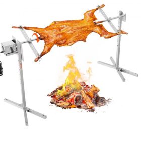   VEVOR elektromos BBQ forgónyárs grillsütő készlet, 56 hüvelykes, 132 font kapacitású, automatikus, 52 W-os motorral állítható magasságú univerzális sütőállvány, rozsdamentes acél grillsütő készlet, hővédővel ellátott nyárs sertés-