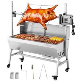   VEVOR forgónyárs grill, 38 W-os BBQ kültéri sertés- és báránynyárs sütő, faszenes nyárs sütő 60 kg teherbírással és 7 szintmagassággal, rozsdamentes acél elektromos forgónyárs grillkészlet kültéri kempingezéshez