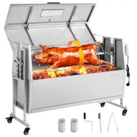   VEVOR forgónyárs grill, 38 W-os BBQ kültéri sertés- és báránynyárs sütő, faszenes nyárs sütő 60 kg-os kapacitással, kerekekkel és 4 szintű magassággal, rozsdamentes acél elektromos forgónyárs grillkészlet kültéri kempingezéshez