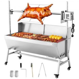   VEVOR forgónyárs grill, 38 W-os BBQ kültéri sertés- és báránynyárs sütő, faszenes nyárs sütő 60 kg-os kapacitással, kerekekkel és 4 szintű magassággal, rozsdamentes acél elektromos forgónyárs grillkészlet kültéri kempingezéshez