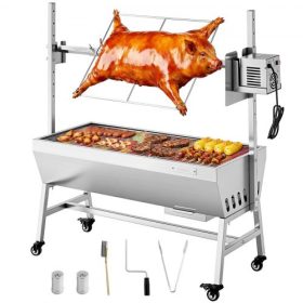   VEVOR forgónyárs grill, 38 W-os BBQ kültéri sertés- és báránynyárs sütő, faszenes nyárs sütő 60 kg-os kapacitással, kerekekkel és 7 szintű magassággal, rozsdamentes acél elektromos forgónyárs grillkészlet kültéri kempingezéshez