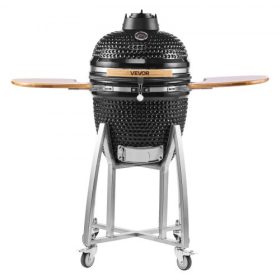   VEVOR faszenes füstölő és grill, 450 mm-es Kamado faszenes BBQ füstölő, mozgatható kerámia grillsütő 4 kerékkel (2 zárható), beépített hőmérővel, szellőzőnyílással és oldalsó polccal kültéri teraszon, udvaron való főzéshez