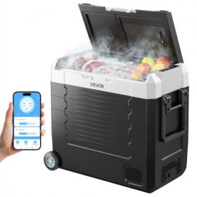  VEVOR autós hűtőszekrény, DC 12/24V AC 100-240V kompresszoros elektromos hűtő, -20°C-tól 20°C-ig teherautó hűtőszekrény alkalmazásvezérléssel, kerekek és kétzónás, 55 literes autós hűtő lakókocsikhoz, hajókhoz, kempingezéshez, hor