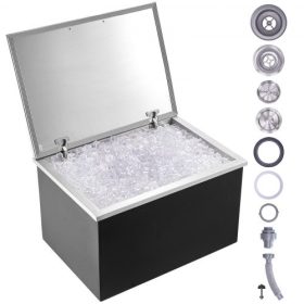   VEVOR jégkocka, 28"H x 20"SZ x 17"M rozsdamentes acél jéghűtő, kereskedelmi jégtároló csuklós fedéllel, 40 literes kültéri konyhai jégbár, lefolyócsővel és lefolyódugóval, hideg borhoz és sörhöz